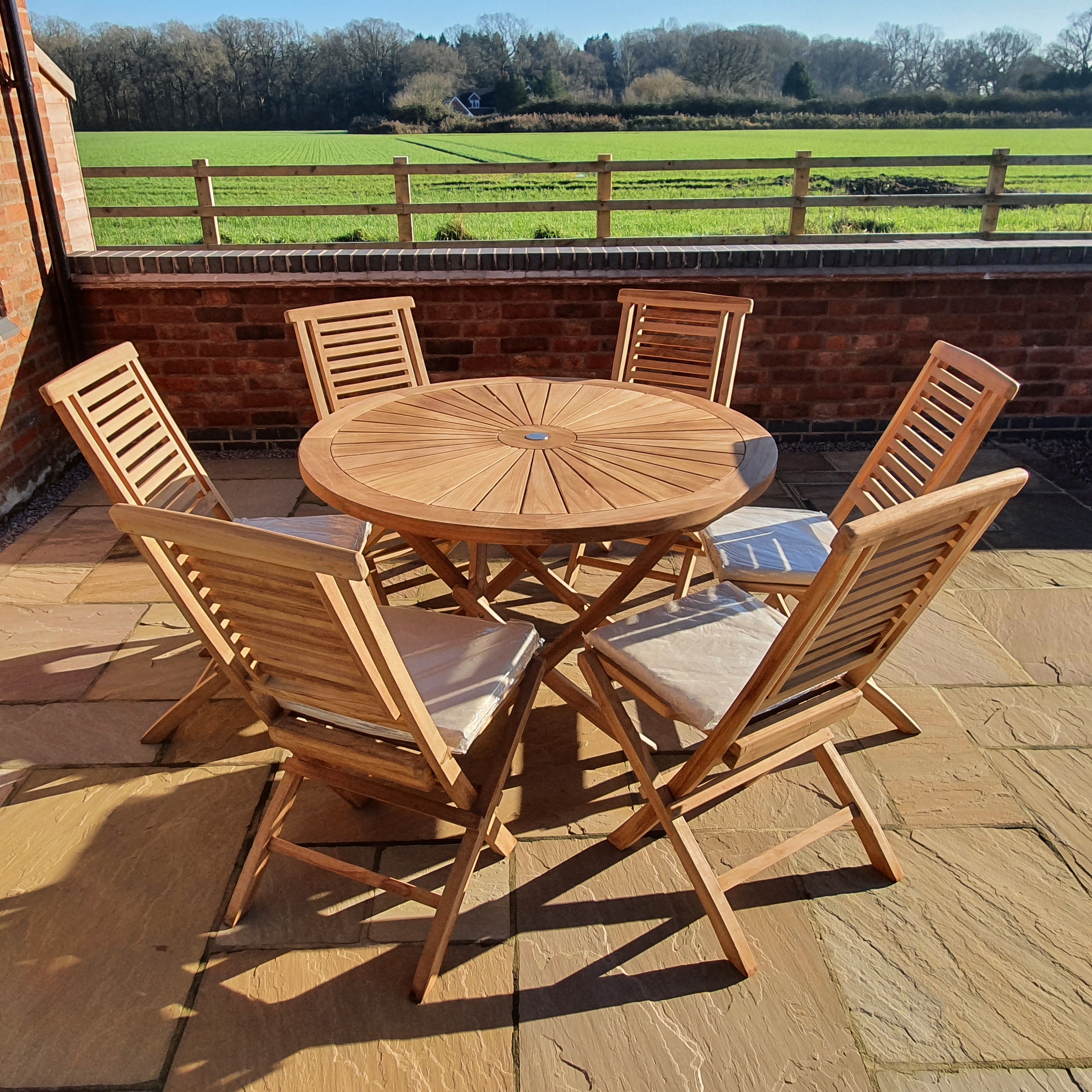 120cm Teak Sunshine Folding Table Set 6 Chairs Royal Finesse