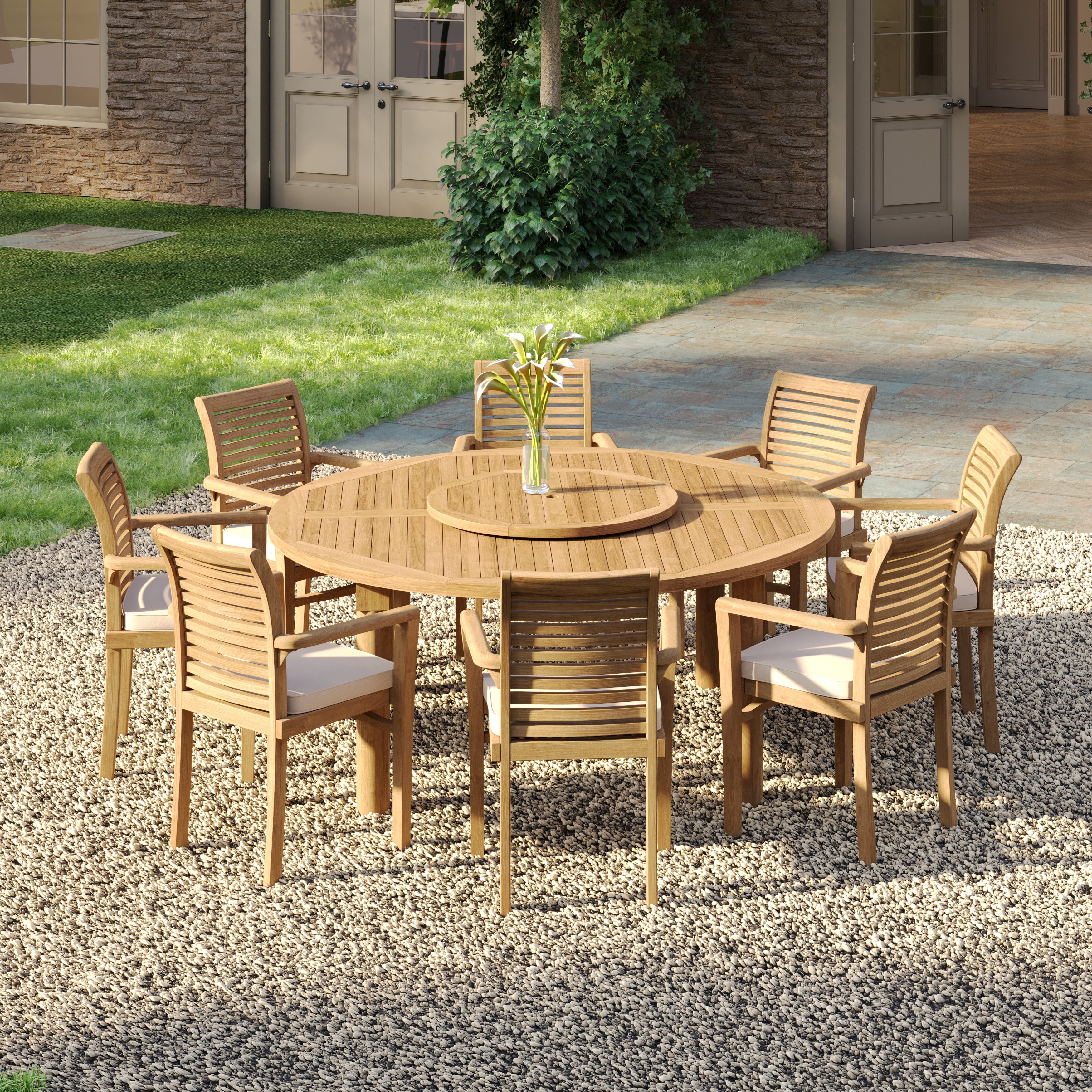 Luxury 180cm Teak Round Table Set with Stacking Chairs Royal