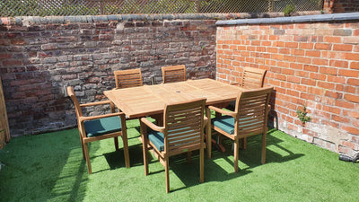 Teak Garden Furniture Square to rectangle 120-170cm table & 6 Oxford Stacking Chairs - Royal finesse
