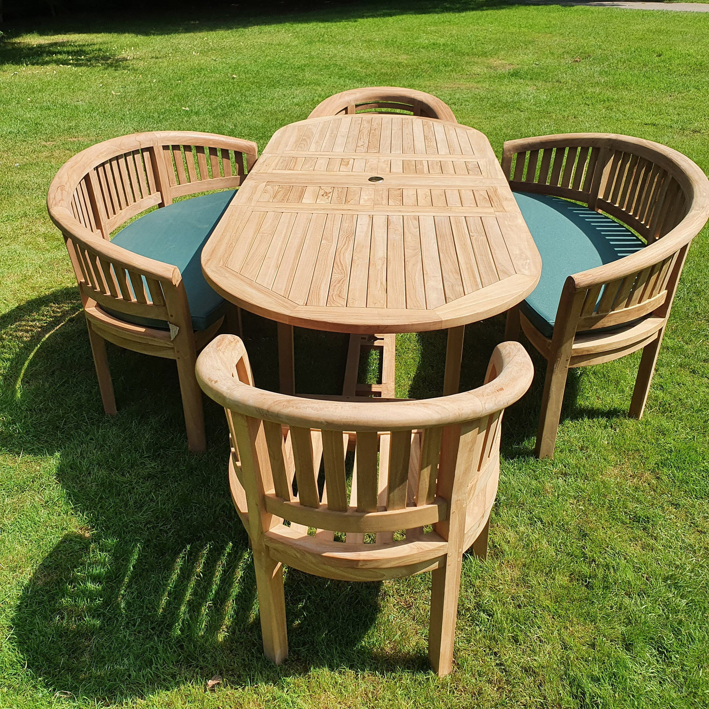 Teak Garden Furniture Set Oval 180 - 240 cm Extending Table (2 San Francisco Chairs & 2 Benches ) Cushions Included - Royal finesse