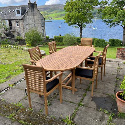Teak Garden Furniture set Oval 180 - 240 cm Extending Table  (6 Seat Stacking Set) Complete set Cushions Included. - Royal finesse