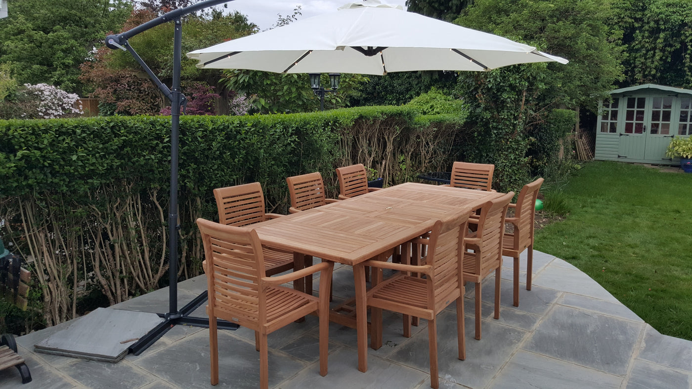 Teak Garden Furniture Set, Double Leaf, 4cm Top, Double Leaf 180-240cm Rectangle Table & 8Teak stacking Chairs. - Royal finesse