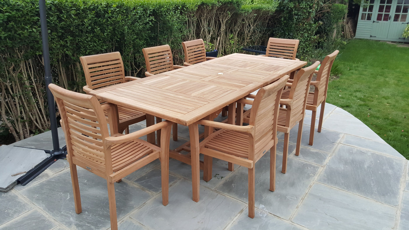 Teak Garden Furniture Set, Double Leaf, 4cm Top, Double Leaf 180-240cm Rectangle Table & 8Teak stacking Chairs. - Royal finesse