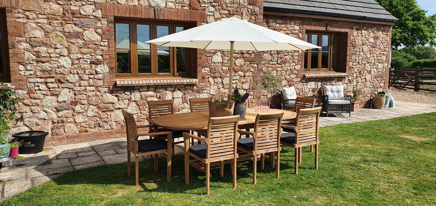 Extra Thick 4cm Top Teak Oval 180-240cm Garden Furniture Set (with 8 Oxford Stacking Chairs) Cushions Included