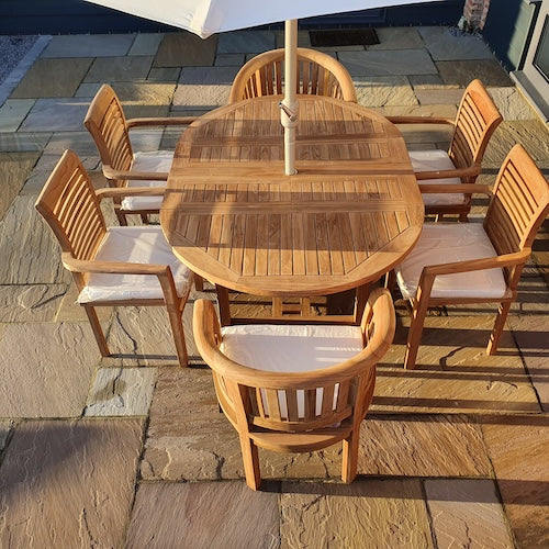 Round To Oval 120-170cm Extending 4 Oxford Stacking Chairs & 2 San Francisco Chairs Complete set Cushions Free Delivery