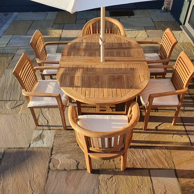 Round To Oval 120-170cm Extending 4 Oxford Stacking Chairs & 2 San Francisco Chairs Complete set Cushions Free Delivery