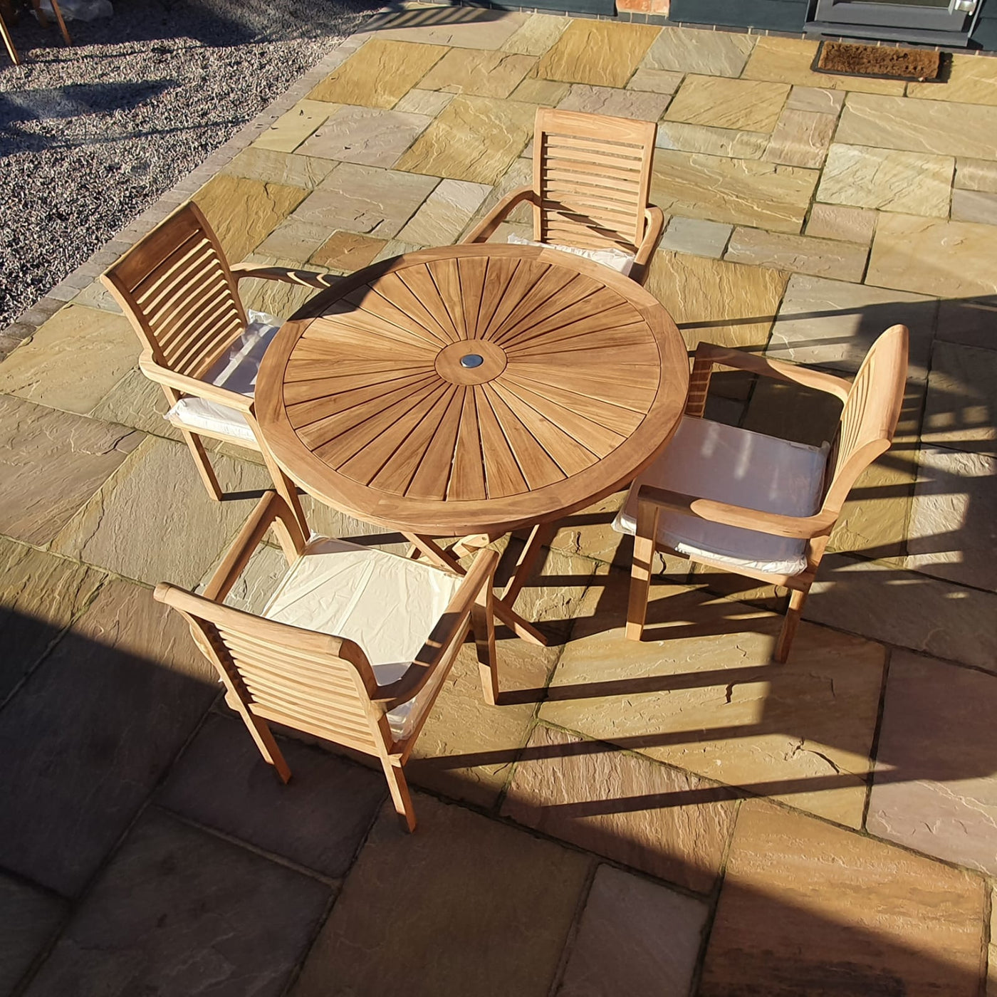 Teak Garden Furniture Set 120cm Round Sunshine Table 4 x Oxford Stacking Chairs Cushions Included - Royal finesse