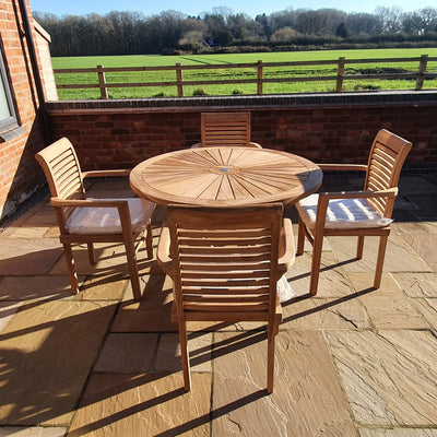 Teak Garden Furniture Set 120cm Round Sunshine Table 4 x Oxford Stacking Chairs Cushions Included - Royal finesse