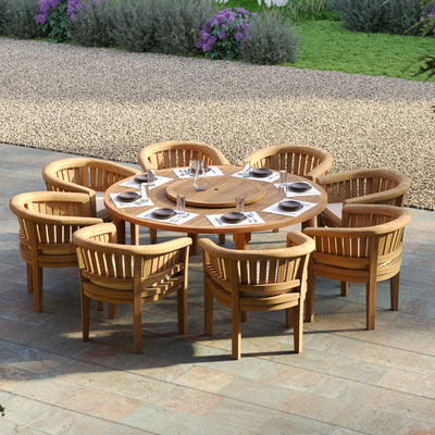 Teak outdoor round garden table set with 8 San Francisco chairs 