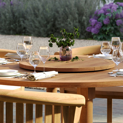 Top view of Sunshine teak table showcasing radial slat design on teak table
