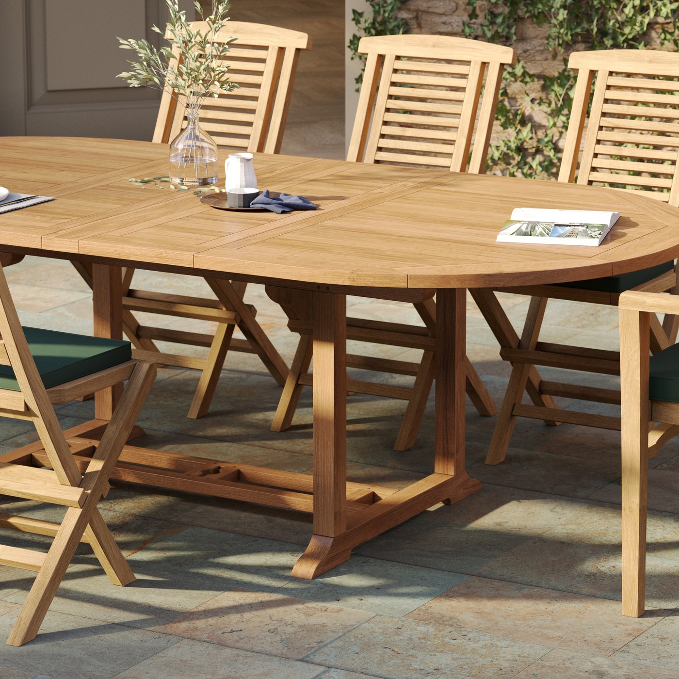 Teak Garden Furniture Set Extending Oval Table 180-240 cm (6 Folding & 2 Oxford Stacking Chairs ) Complete set Cushions Included