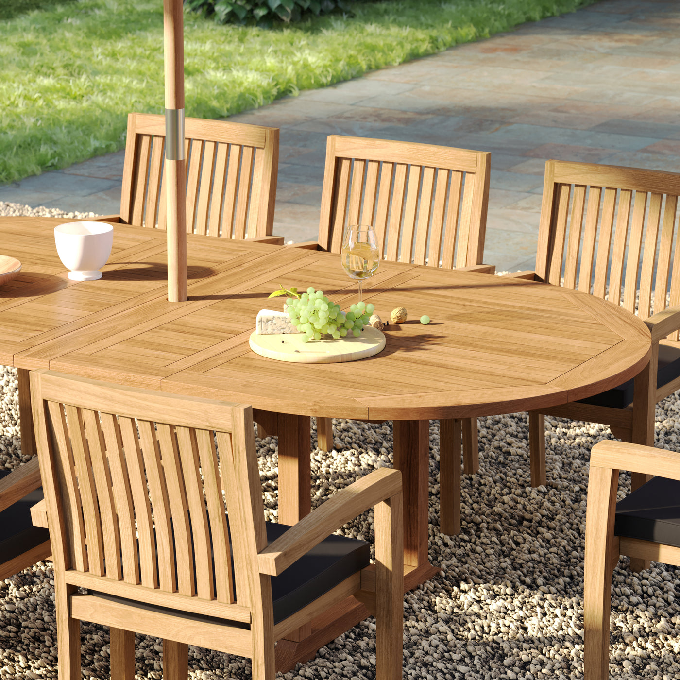 Henley stacking chairs with black cushions neatly placed around the table