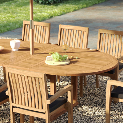 Henley stacking chairs with black cushions neatly placed around the table