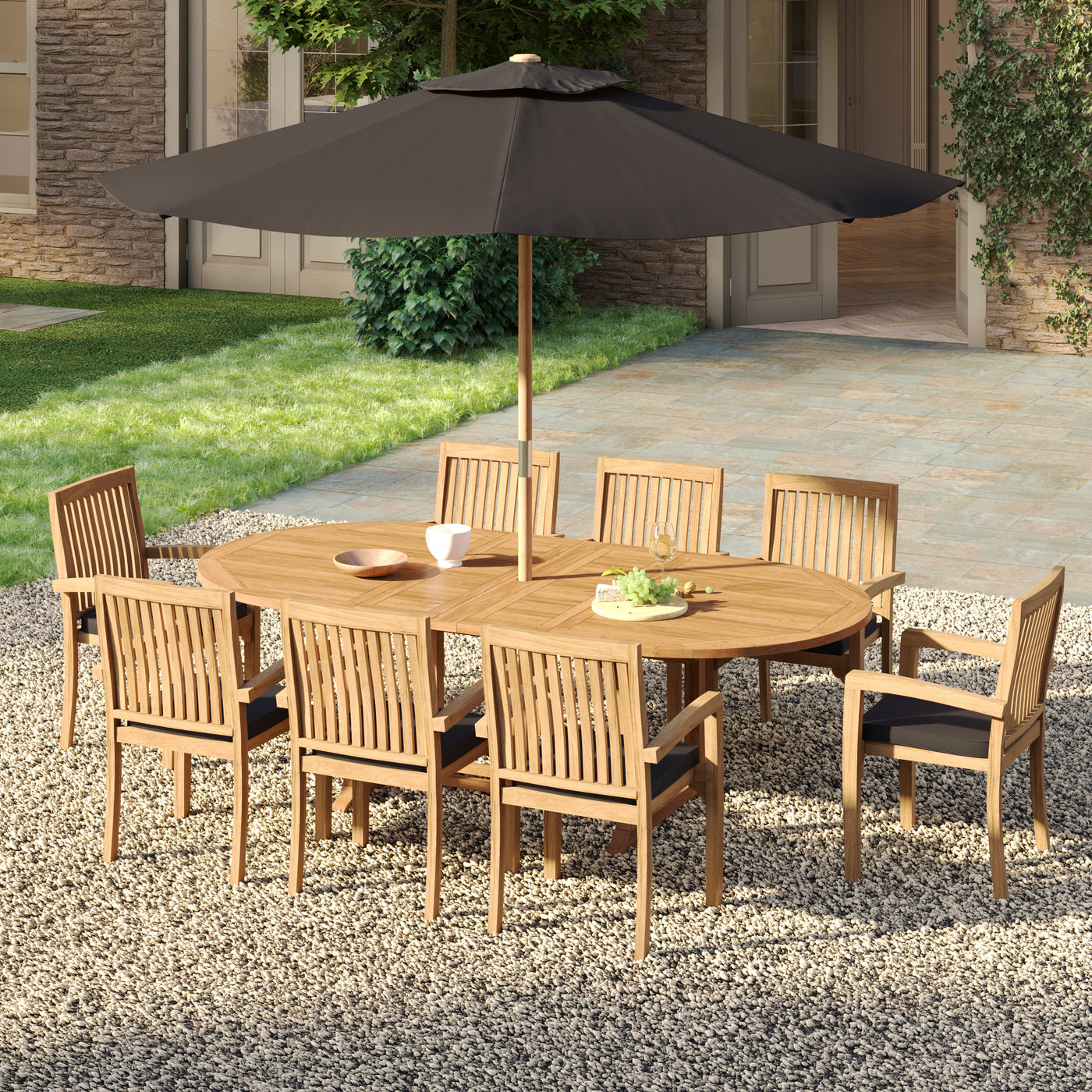 Teak outdoor furniture set highlighting the elegant design and spacious seating