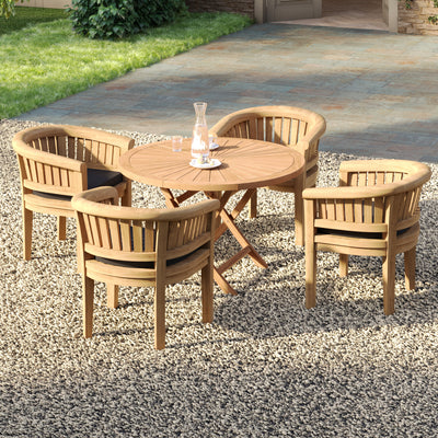 Teak garden dining set arranged on paved patio with radial table design