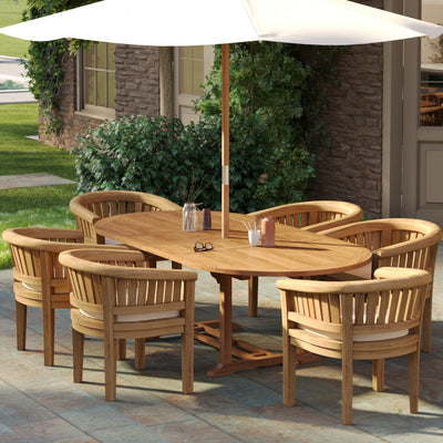180–240cm oval teak extending table with six San Francisco chairs and cream cushions