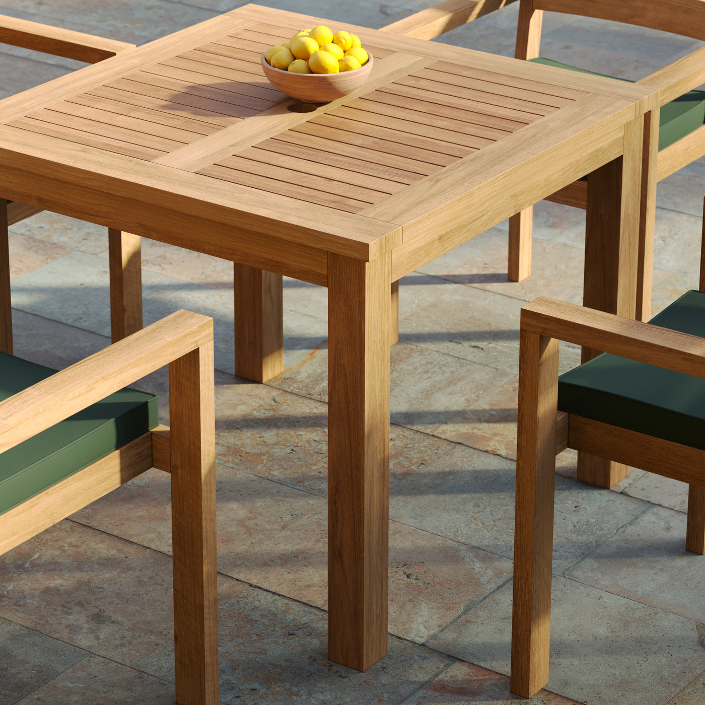 Fixed teak table with minimalistic modern outdoor appeal