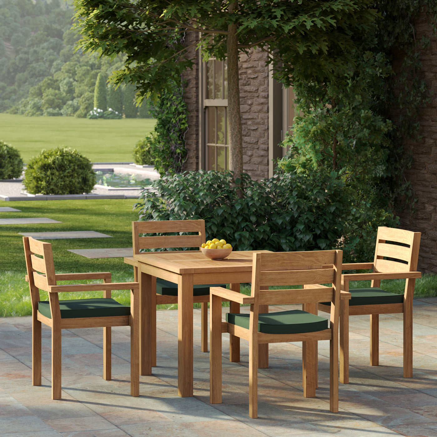 120cm fixed teak garden table with four Marlow stacking chairs