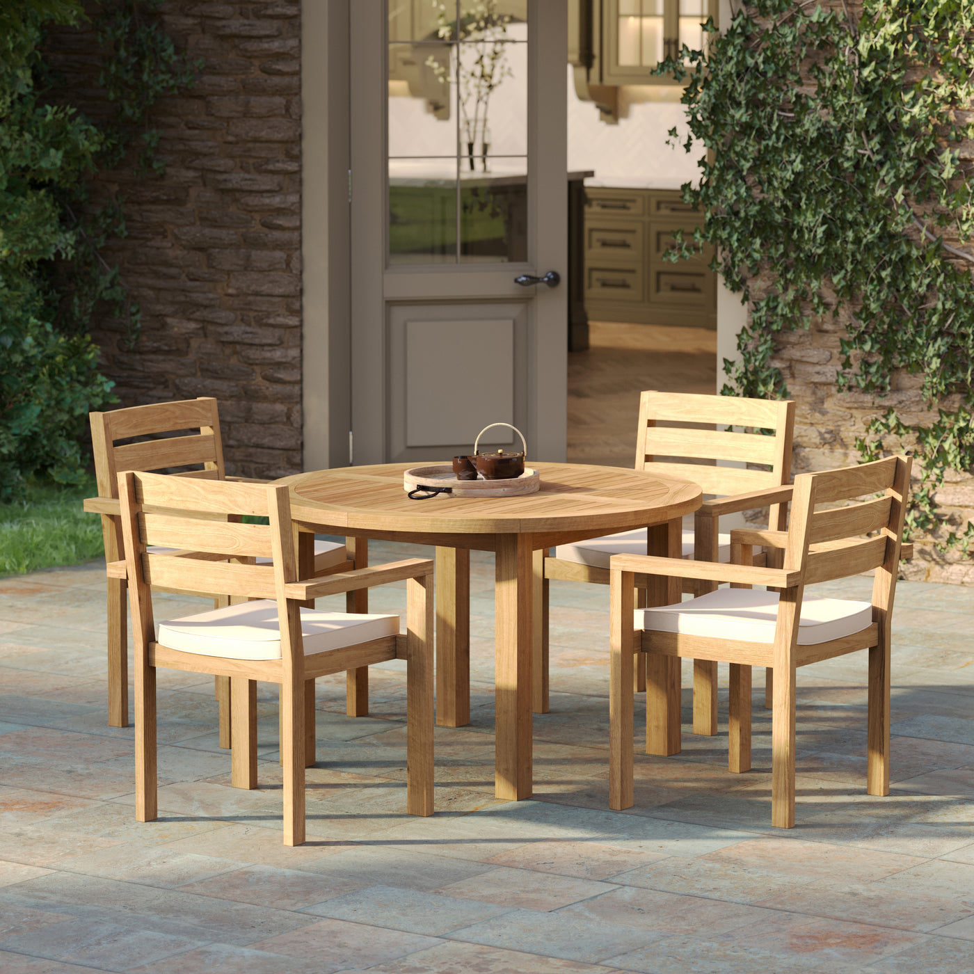 120cm Fixed Round Teak Garden Dining Set With 4 Marlow Stacking Chairs
