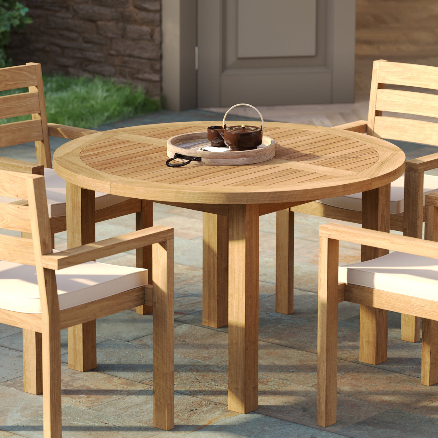 120cm Fixed Round Teak Garden Dining Set With 4 Marlow Stacking Chairs