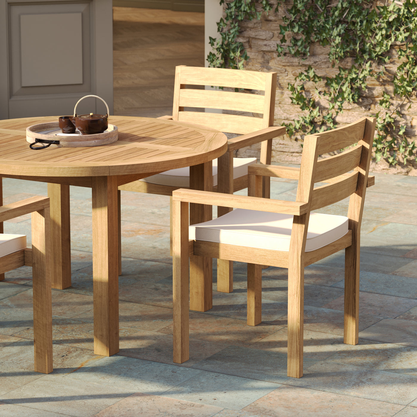 120cm Fixed Round Teak Garden Dining Set With 4 Marlow Stacking Chairs