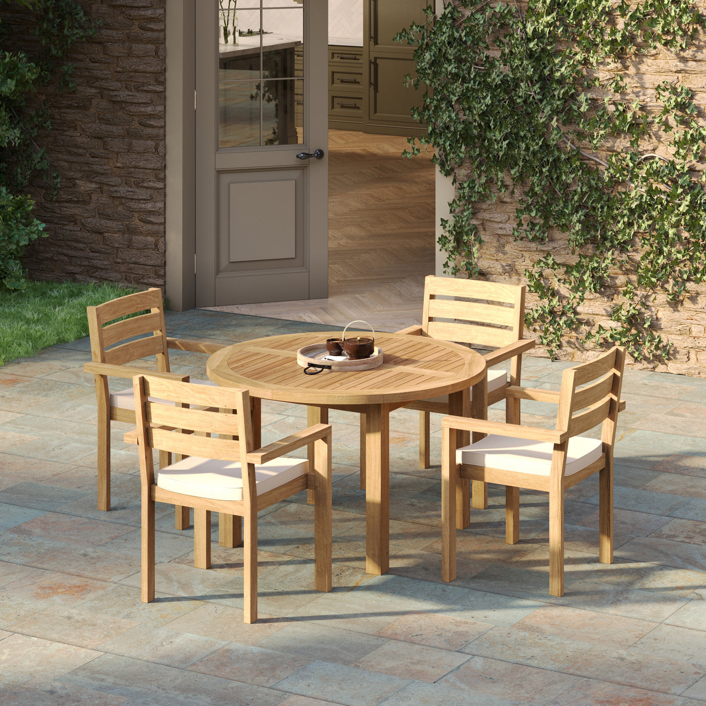 120cm Fixed Round Teak Garden Dining Set With 4 Marlow Stacking Chairs