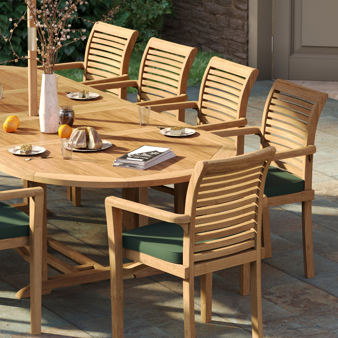 Teak 2-3m Oval Table with 10 Oxford Stacking Chairs