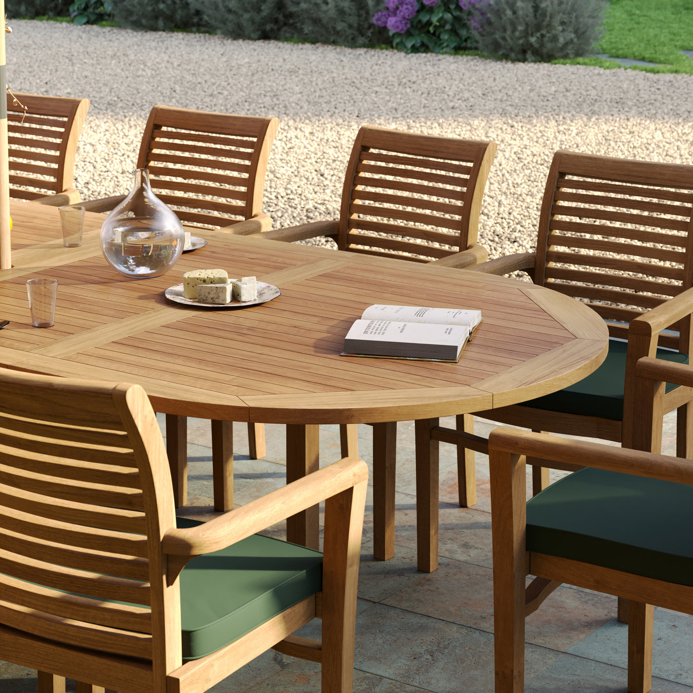 Teak 2-3m Oval Table with 10 Oxford Stacking Chairs
