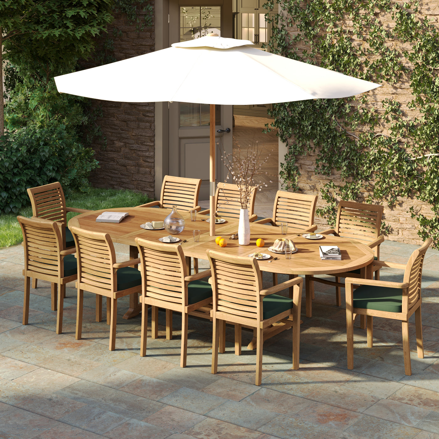 Teak 2-3m Oval Table with 10 Oxford Stacking Chairs