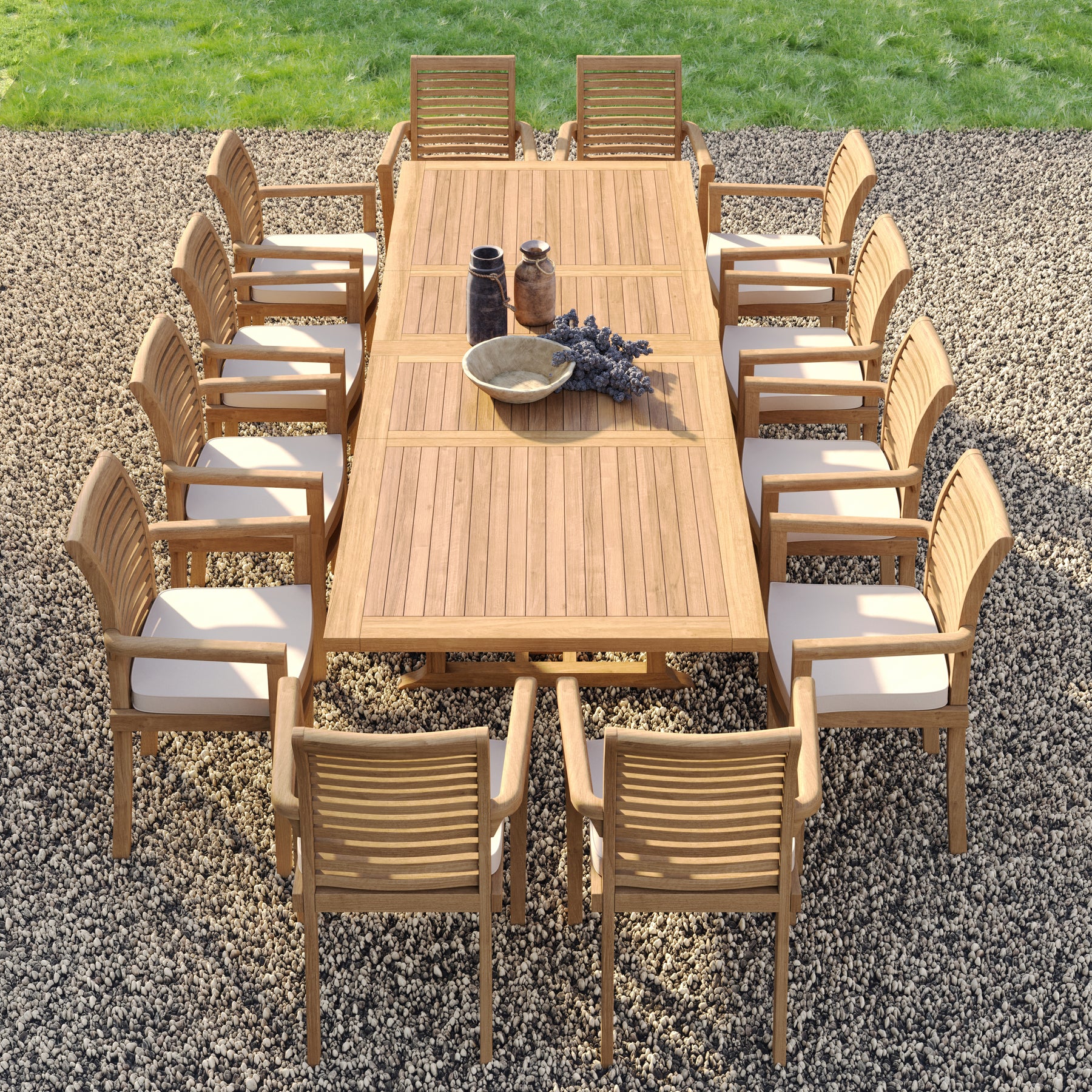 Teak Garden set 200-300cm Extending Rectangle Table with 12 Stacking chairs
