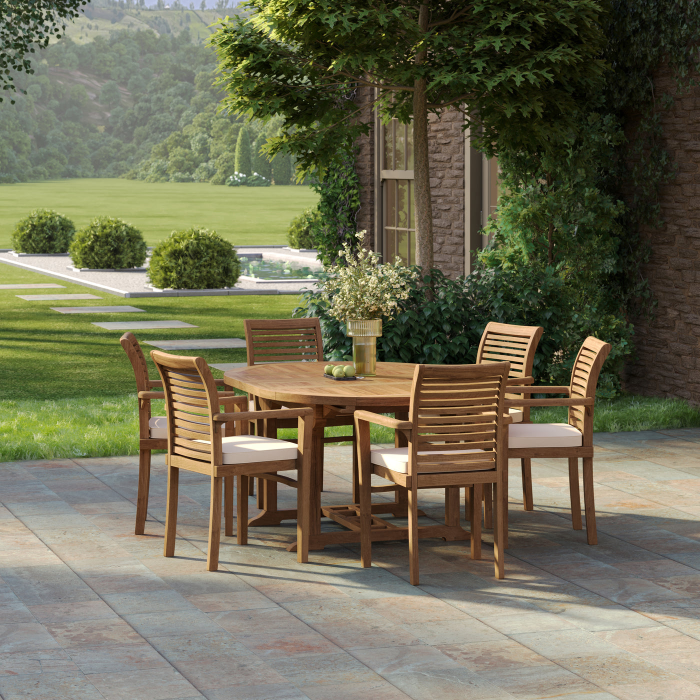 Teak garden outdoor set with a 120–170cm round to oval extending table and six Oxford stacking chairs with cream cushions on a tiled patio.