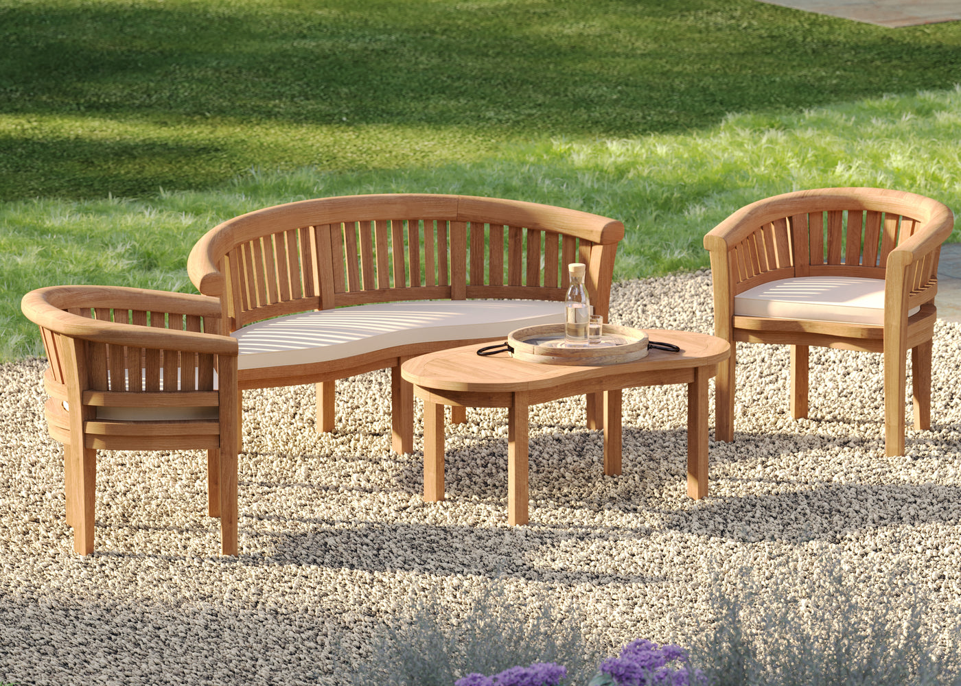 Top view of teak San Francisco bench set arranged with a round tray and bottle on a stylish outdoor table
