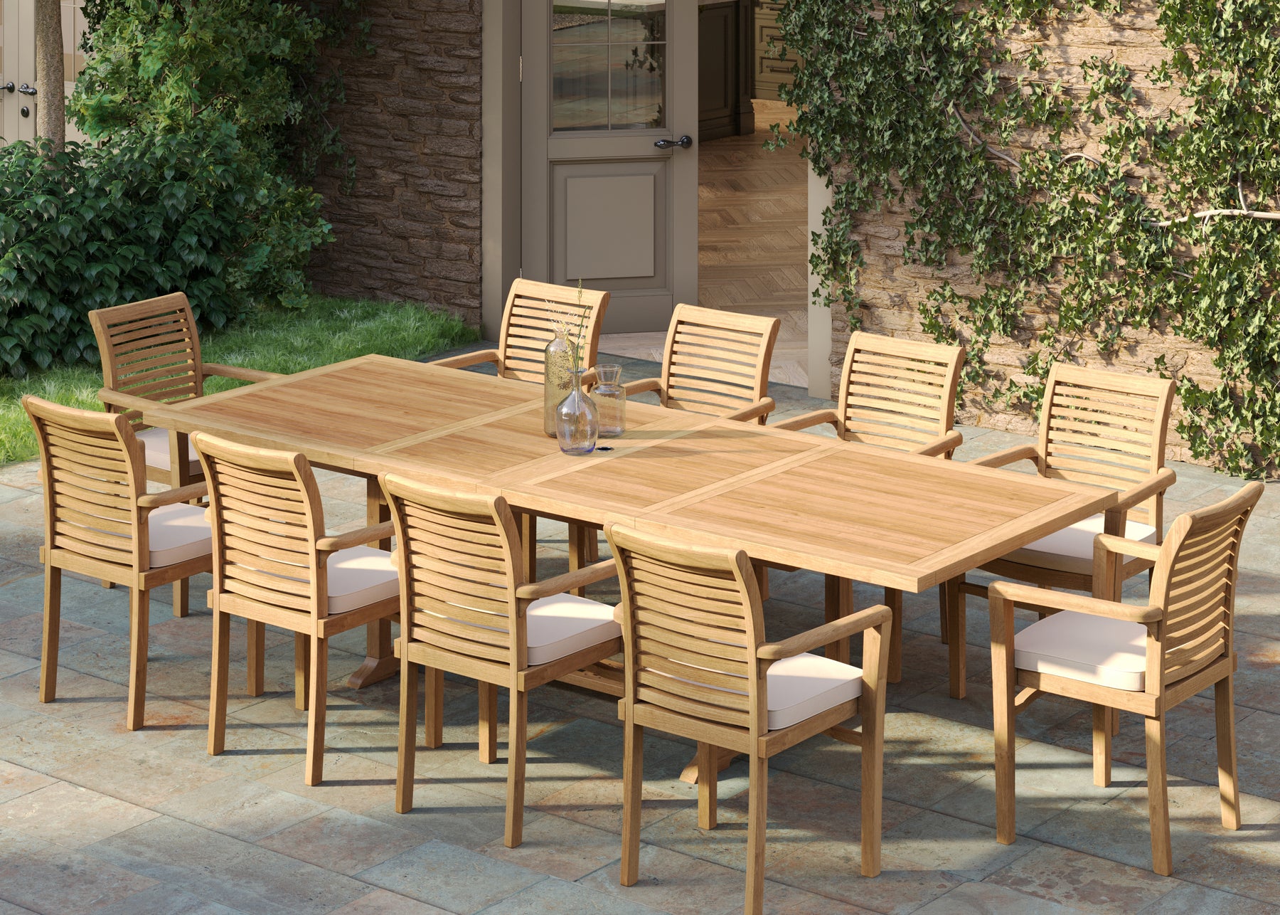 Teak Garden Furniture 200-300cm Rectangle Table & 10 Stacking Chairs