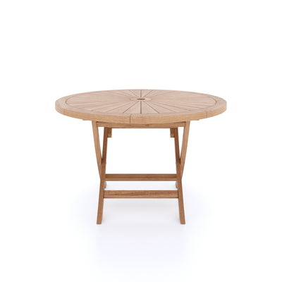 Teak 120cm Sunshine Set with 4 San Francisco Chairs with a radial slat design on top and a simple base, isolated on a white background.