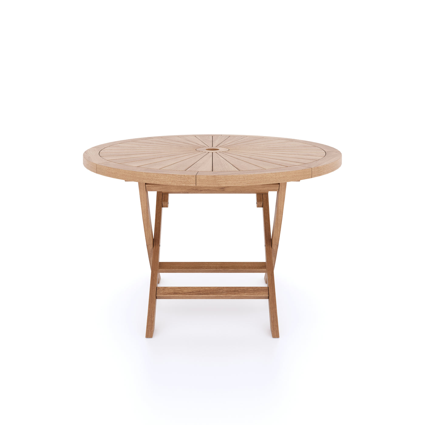 Teak 2m sunshine with 6 San Francisco Chairs & cushions table with a star design inlay, standing on a crossed leg base, isolated on a white background.