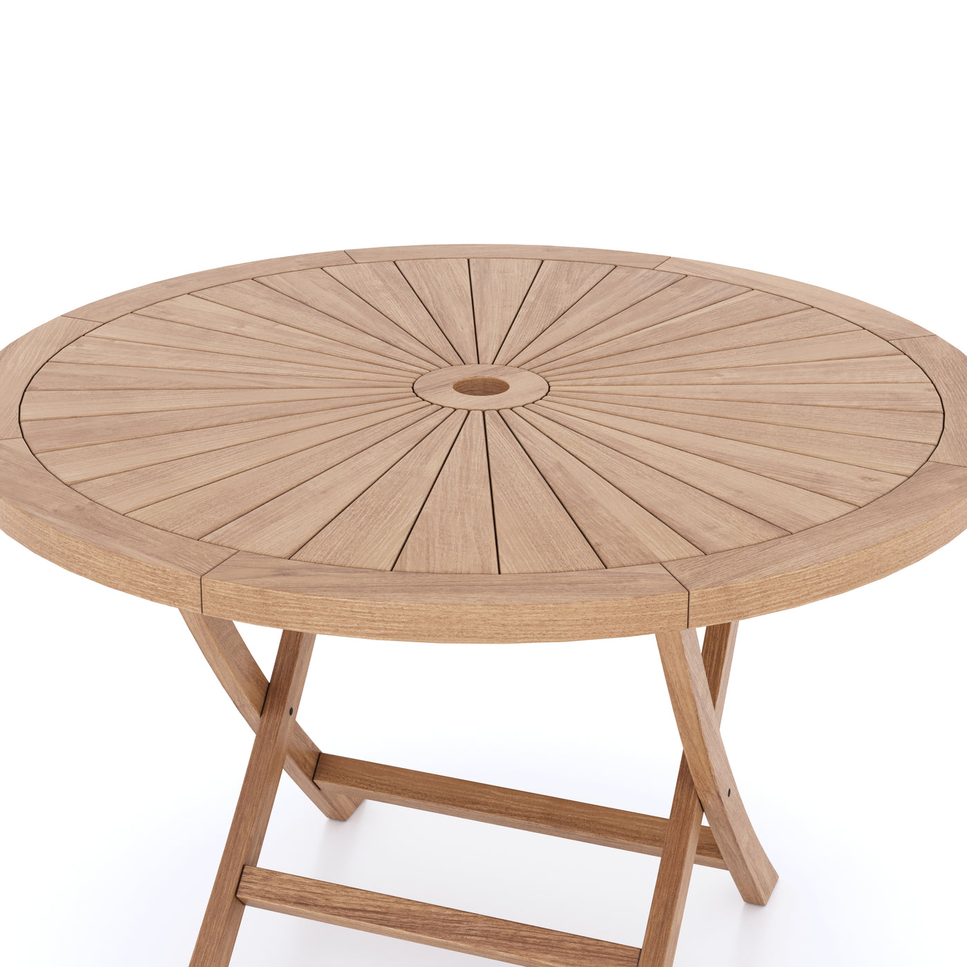 Round Teak 2m sunshine outdoor table with radial slat design, isolated on a white background.