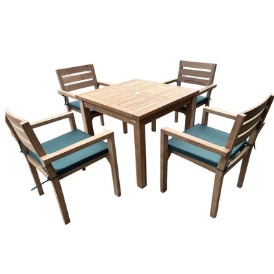 A 120cm Teak Fixed Square Dining Set With 4 x Marlow Stacking Chairs, each featuring teal cushions, isolated on a white background.