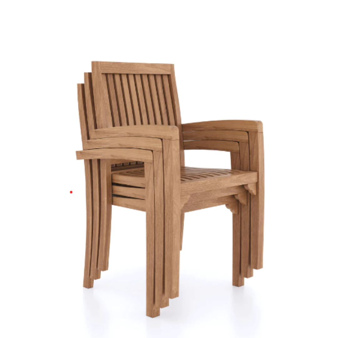 Stack of five Teak 180-240cm Oval Extending Table with 8 Henley Stacking Chairs on a white background.