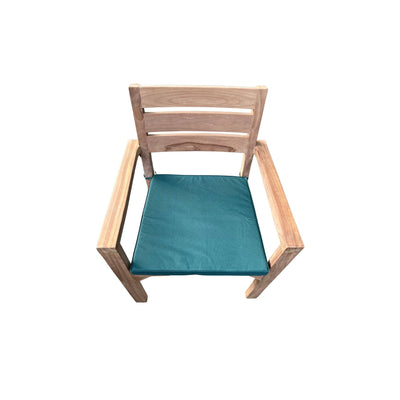 A 120cm Teak Fixed Square Dining Set With 4 x Marlow Stacking Chairs with green cushions on the seats, isolated on a white background.