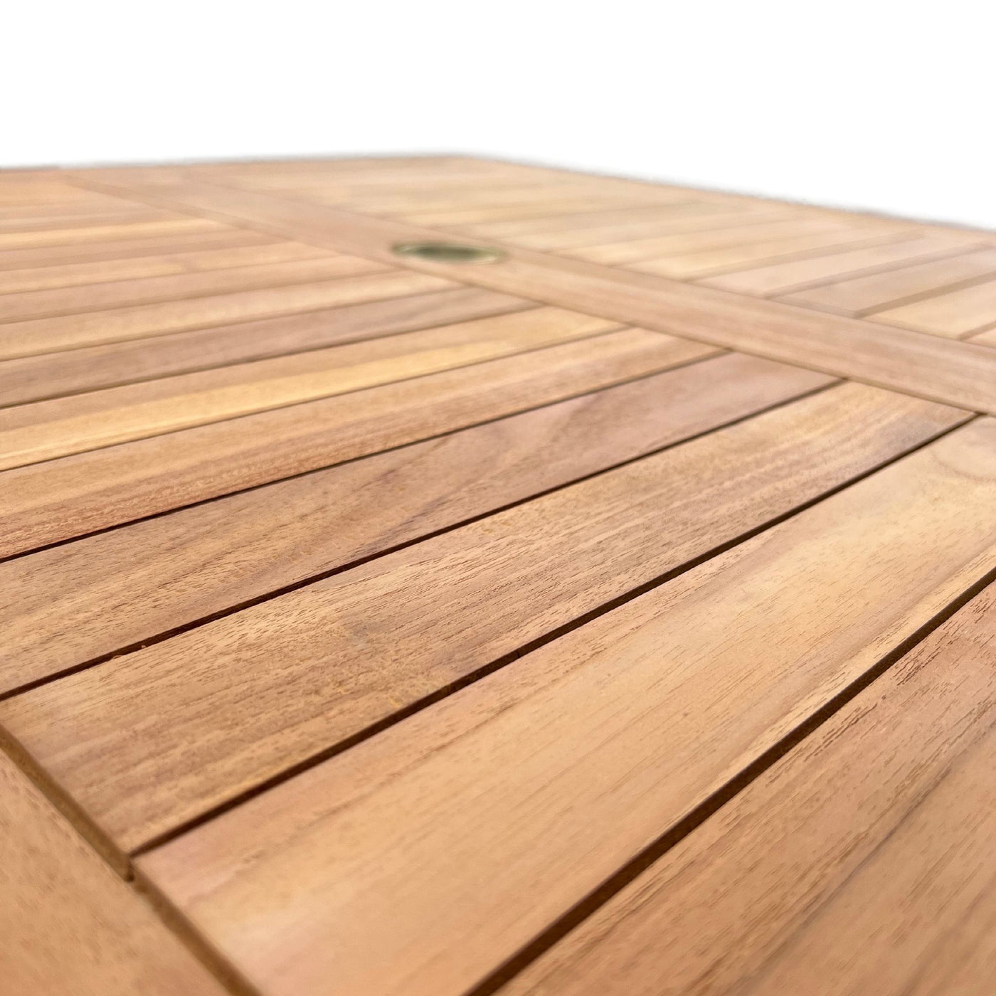 Close-up view of a 120cm Teak Fixed Square Dining Set with 4 x Marlow Stacking Chairs with a detailed grain pattern and a visible screw on a light background.