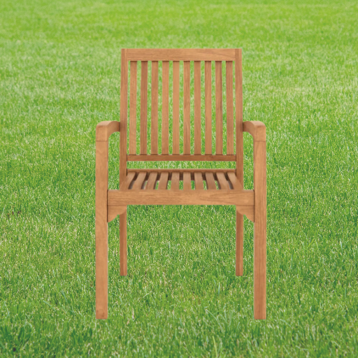 Teak 180-240cm Oval Extending Table with 8 Henley Stacking Chairs positioned on a lush green lawn, centered in the frame under clear daylight.