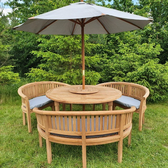 Teak Garden Furniture set 150cm Round teak garden table & 3 San Francisco Benches. - Royal finesse